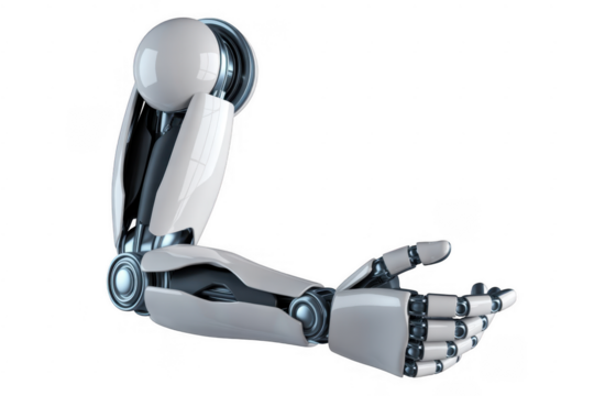 White robotic arm with articulated fingers open isolated on a transparent background