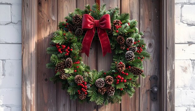 A festive holiday wreath adorned with evergreen branches, bright red berries, pinecones, and a large scarlet bow hanging on a rustic wooden door