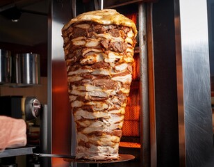 vertical spit roasting deliciously stacked shawarma meat in restaurant