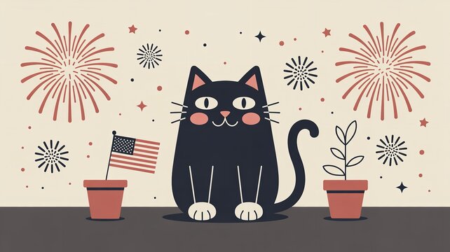 Cute Cartoon Black Cat with American Flag and Fireworks for Independence Day or Festival Celebration