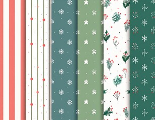 Assorted festive background patterns with stripes, stars, snowflakes, and sprigs