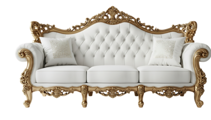 Sofa with ornate gold carved frame and white tufted upholstery
