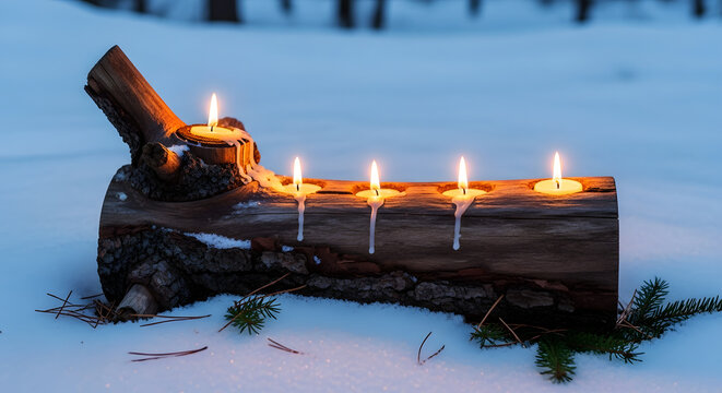 Five lit tea candles in a rustic wooden log holder on a snowy ground with pine sprigs tea lights - Powered by Adobe