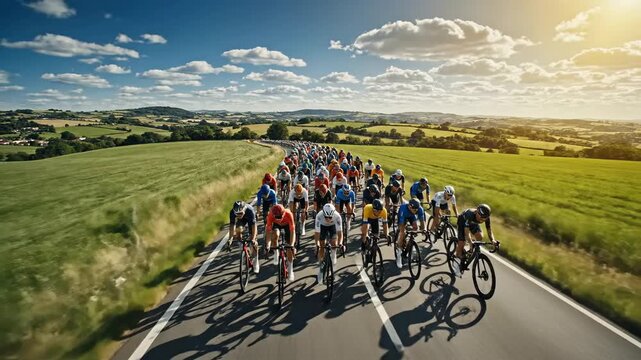 Cyclists racing on a road through a scenic countryside