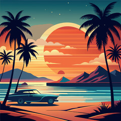 Retro synthwave sunset over tropical ocean with palm trees and mountains.