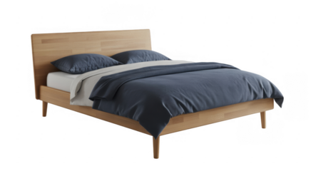 Wooden bed frame with navy blue bedding and pillows isolated on a transparent background