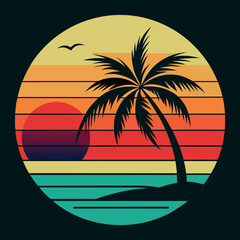 Retro sunset beach scene with palm tree and beach hut.