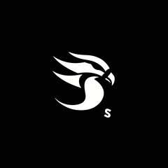 Naklejka premium Modern abstract white bird head logo with initial 'S' on black background, minimalist dynamic design, vector graphic icon