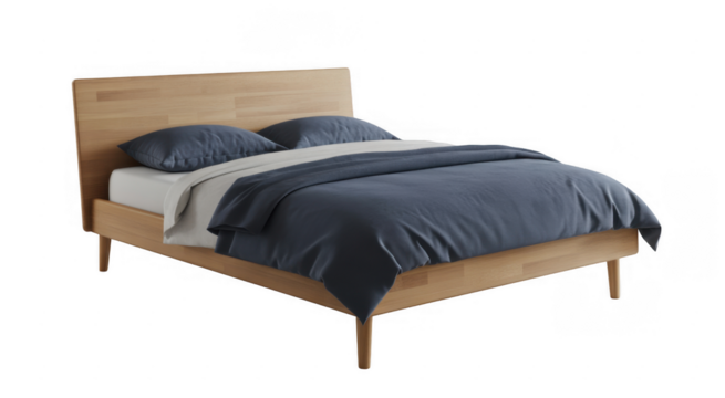Wooden bed frame with navy blue bedding and pillows isolated on a transparent background