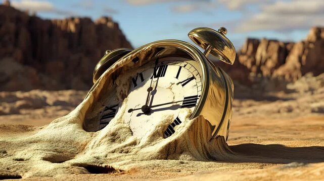 Surreal melting clock in desert landscape at golden hour