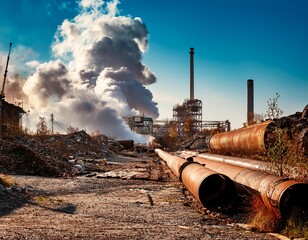 industrial area with broken pipelines rusting structures and smoke rising from ruins