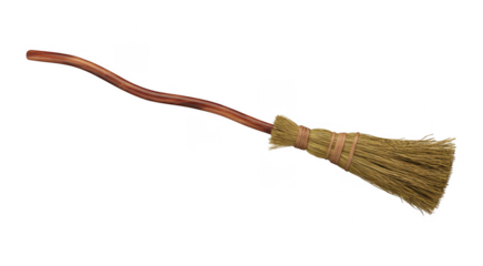 Wooden broom with straw bristles and twine binding isolated on a transparent background