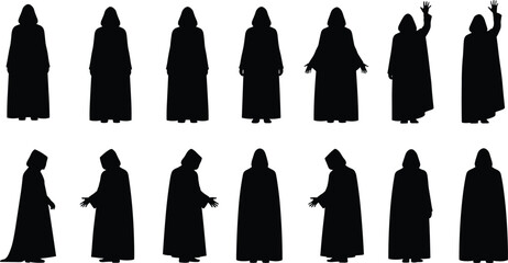 Hooded figure silhouettes, robe character icons, dark mysterious poses, black graphic elements, fantasy design, shadow illustration, cloaked person vector