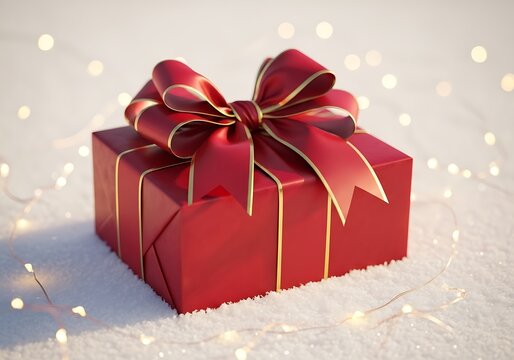Elegant red gift box with gold ribbon and bokeh lights background