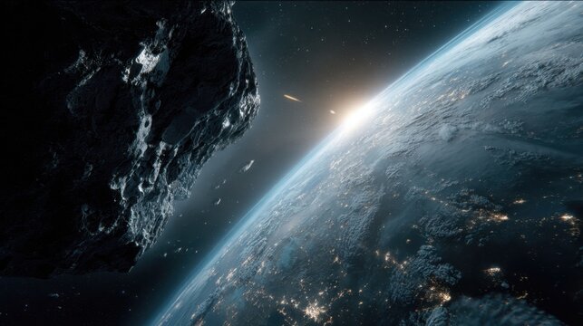 Space Scene with Earth, Asteroids, Satellites, and Sunlight in Deep Space