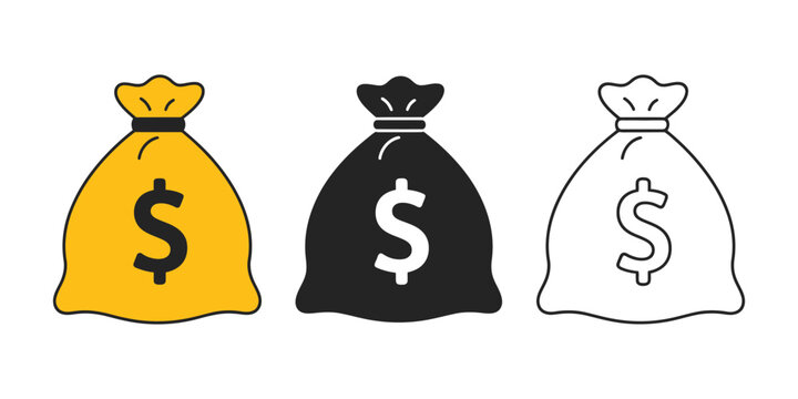 Set of money bag icons in line style, including black and white sack, flat money bag vector illustration, finance, savings, wealth, business, and economic concepts