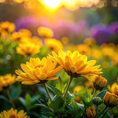 Fototapeta premium Close-up of yellow blossoms, sunlit in a field, with purple flowers
