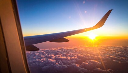 Airplane wing silhouetted by the sunrise over clouds