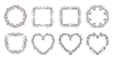 Fototapeta premium Collection of decorative floral and berry frames including circular, square, and heart shapes.
