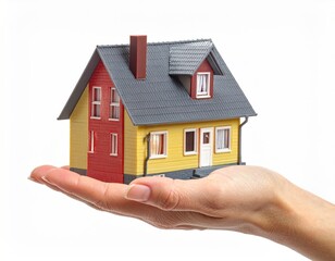 Miniature house model held in an open palm