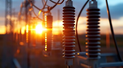 High voltage power substation at golden hour sunset