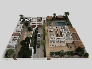 planos 3d de villa de lujo con estilo moderno mediterráneo