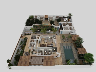 planos 3d de villa de lujo con estilo moderno mediterráneo