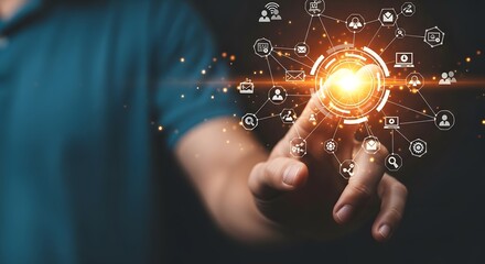 Man interacting with digital interface and glowing icons