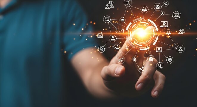 Man interacting with digital interface and glowing icons