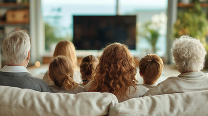 Group of multigenerational individuals enjoying cozy moment together while watching television in bright living room. scene captures warmth and togetherness