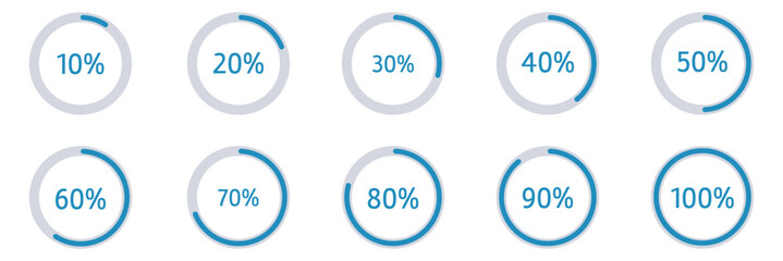 Percentage circle set. Loading indicator set. Circle loading or circle progress with percentage collection.  Set of circle percentage diagrams for infographics 10 20 30 40 50 60 70 80 90 100 percent. 