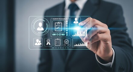 Businessman interacting with a futuristic digital interface displaying user profiles and data analytics