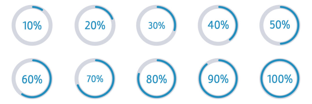 Percentage circle set. Loading indicator set. Circle loading or circle progress with percentage collection.  Set of circle percentage diagrams for infographics 10 20 30 40 50 60 70 80 90 100 percent. 