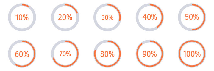 Percentage circle set. Loading indicator set. Circle loading or circle progress with percentage collection.  Set of circle percentage diagrams for infographics 10 20 30 40 50 60 70 80 90 100 percent. 
