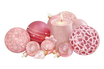 Christmas decorations with balls and candle rosewood and rose gold isolated on white background