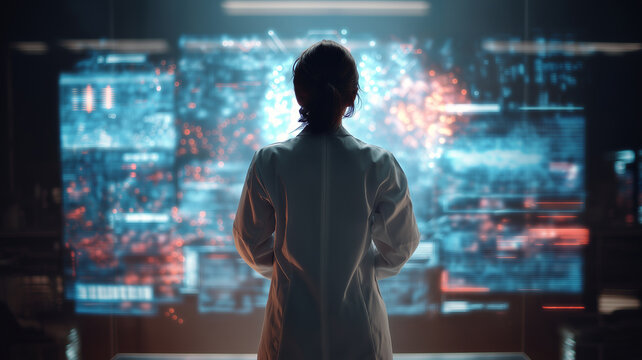 Scientist or researcher stands in laboratory, viewed from back, observing complex data visualizations on multiple screens. atmosphere is filled with sense of discovery and innovation - Powered by Adobe