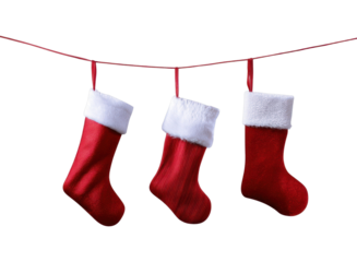 PNG Festive red stockings hanging decor.