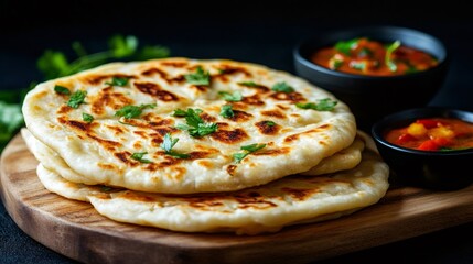Naan bread with Indian curry dipping sauces