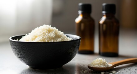 A dark bowl filled with coarse sea salt next to two amber glass bottles and a wooden spoon with salt