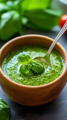 Fresh basil pesto sauce in wooden bowl