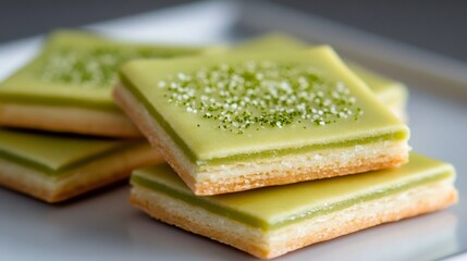 Matcha shortbread cookies with green tea glaze and sprinkles