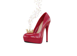 3d illustration of red high heel shoe with golden crown and glitter, isolated on white isolated on transparent background