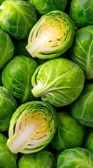 Fresh halved and whole Brussels sprouts background