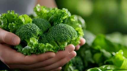 Hands holding fresh organic broccoli and kale