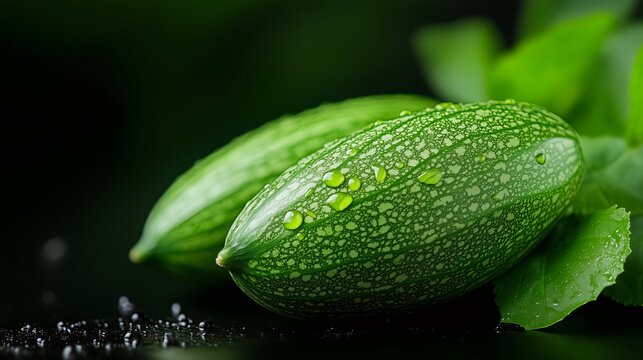Fresh caigua vegetable with water drops close up