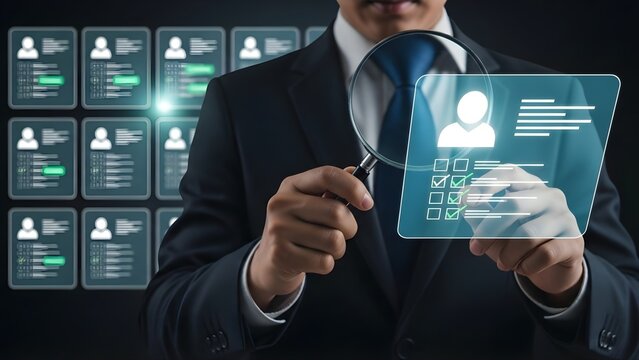 Businessman searching profiles using digital hr technology - Powered by Adobe
