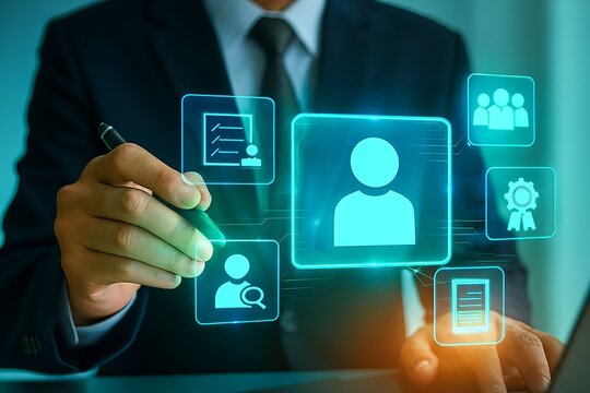 Businessman interacting with digital human resource management interface selecting employee profiles on a futuristic screen
