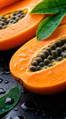 Fresh ripe papayas with seeds and green leaves on black background