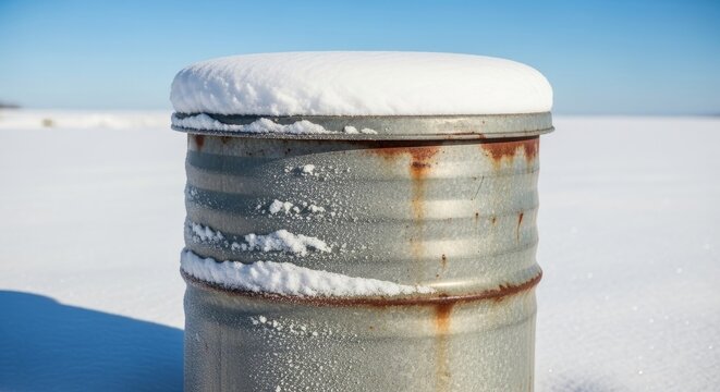 Snow-covered rain barrel with a rustic metallic finish in a winter landscape