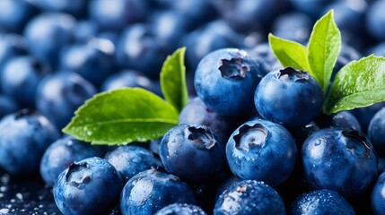 Fresh blueberries with water drops and green leaves